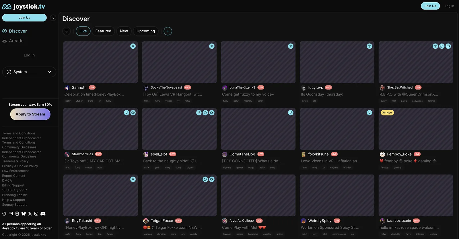 Joystick.tv Discover page showing a grid of live channels with Live, Featured, New and Upcoming tabs and interest tags under each stream