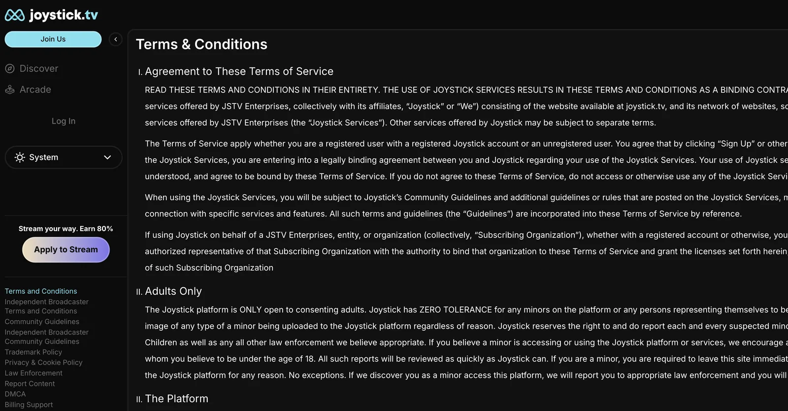 Joystick.tv Terms and Conditions page showing the agreement, adults only and platform sections, naming JSTV Enterprises as operator
