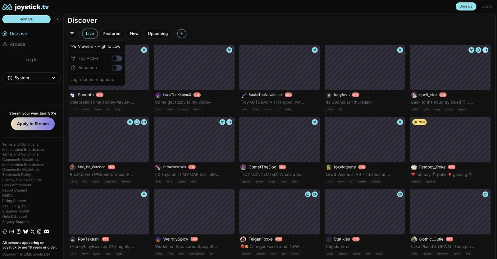 Joystick.tv filter panel open over the Discover grid showing a Viewers High to Low sort with Toy Active and Subathon toggles