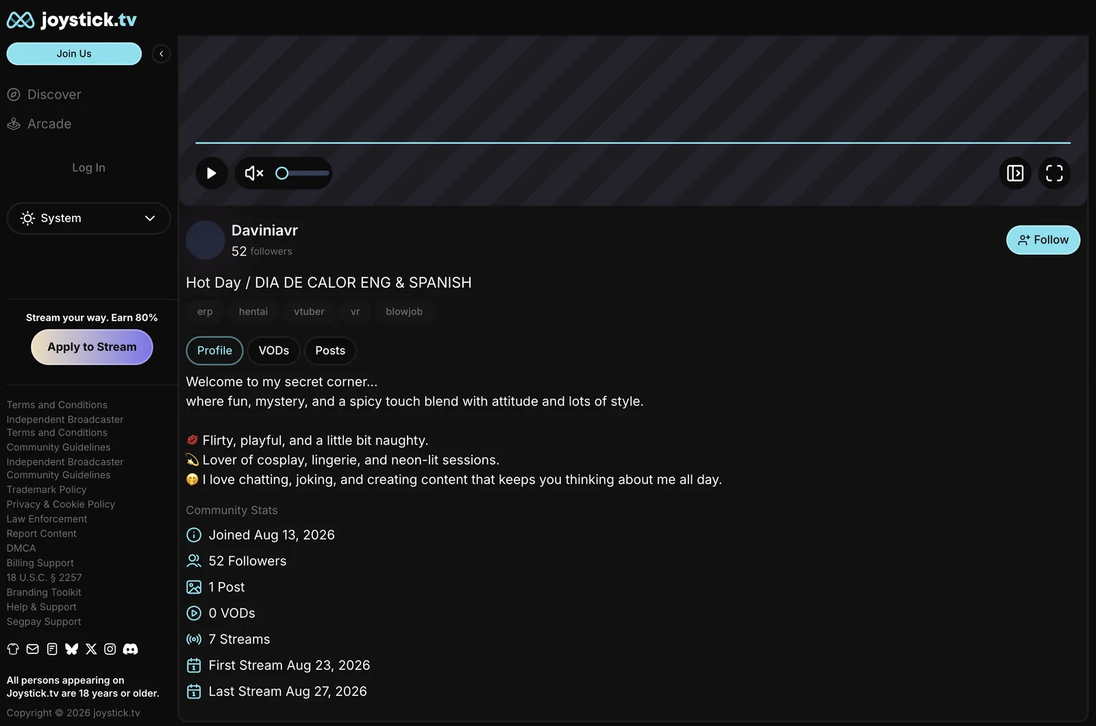 Joystick.tv channel page showing Profile, VODs and Posts tabs above a Community Stats block listing join date, followers, posts, VODs and stream counts