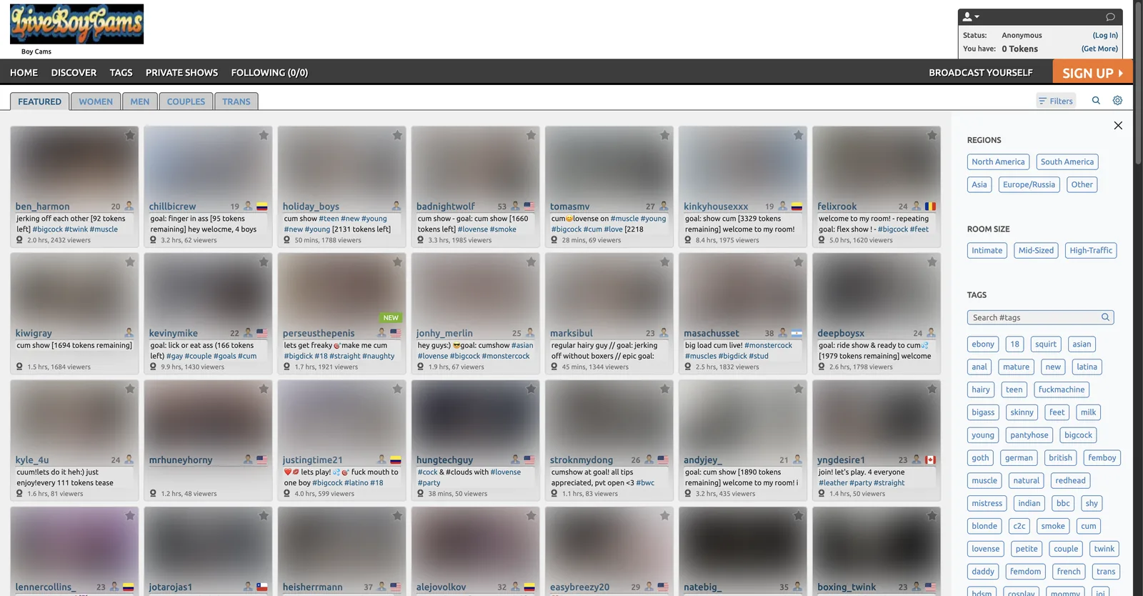 Live Cam Boys home page showing a male featured grid with goal and tokens remaining in each room title, beside a filter rail offering regions, room size and private show token bands