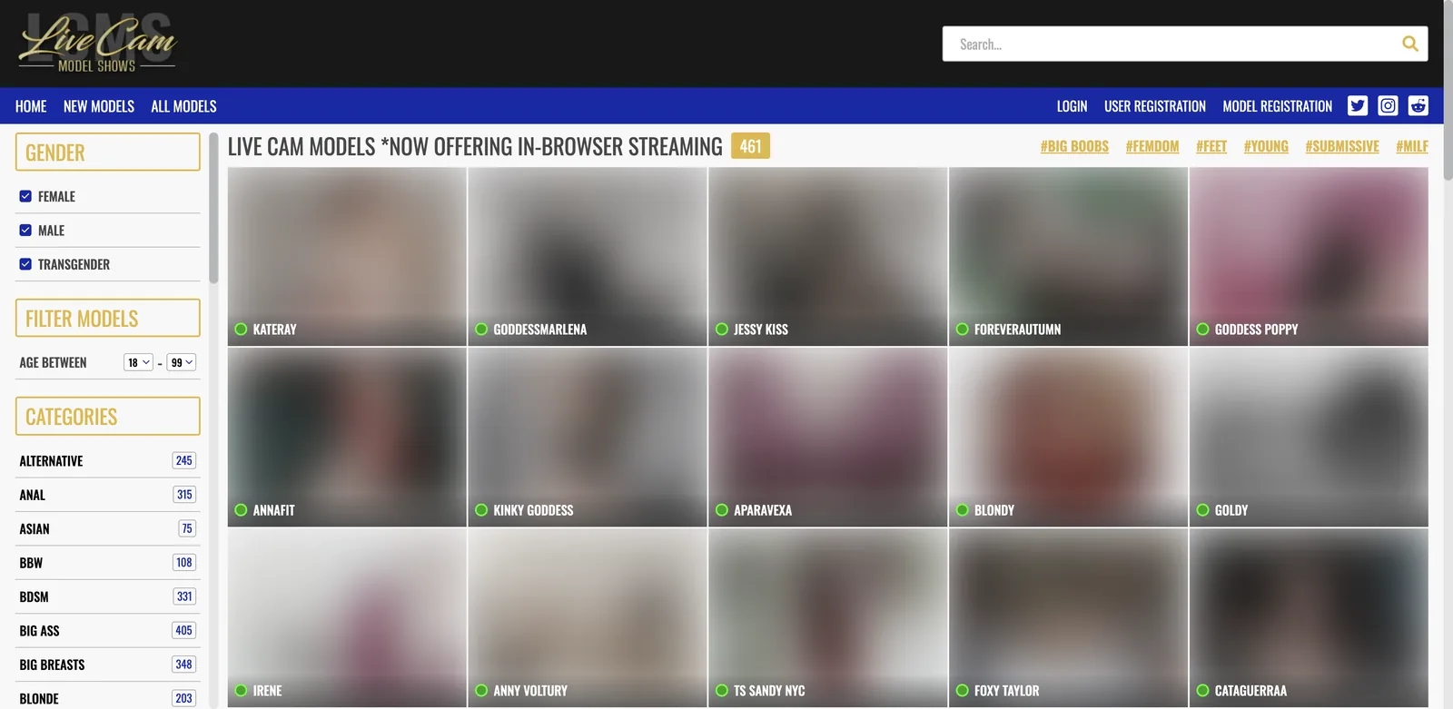 LiveCamModelShows grid headed with a model count of 461 and a note about in-browser streaming, beside a sidebar of gender checkboxes, an age range running 18 to 99, and a category list with a count against every entry