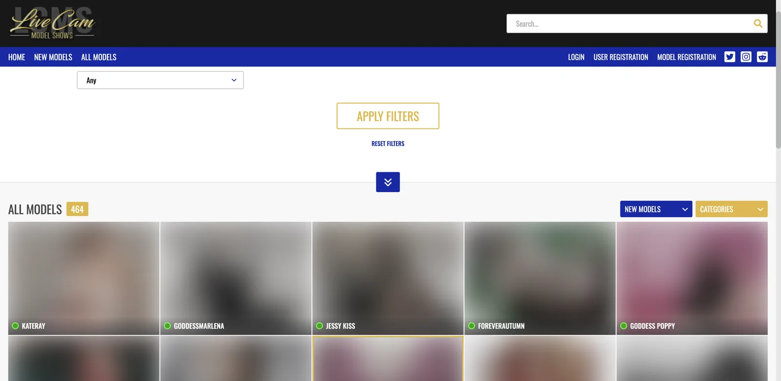 LiveCamModelShows all models view with apply and reset filter controls above a grid headed by a count of 464, with sort dropdowns for new models and categories