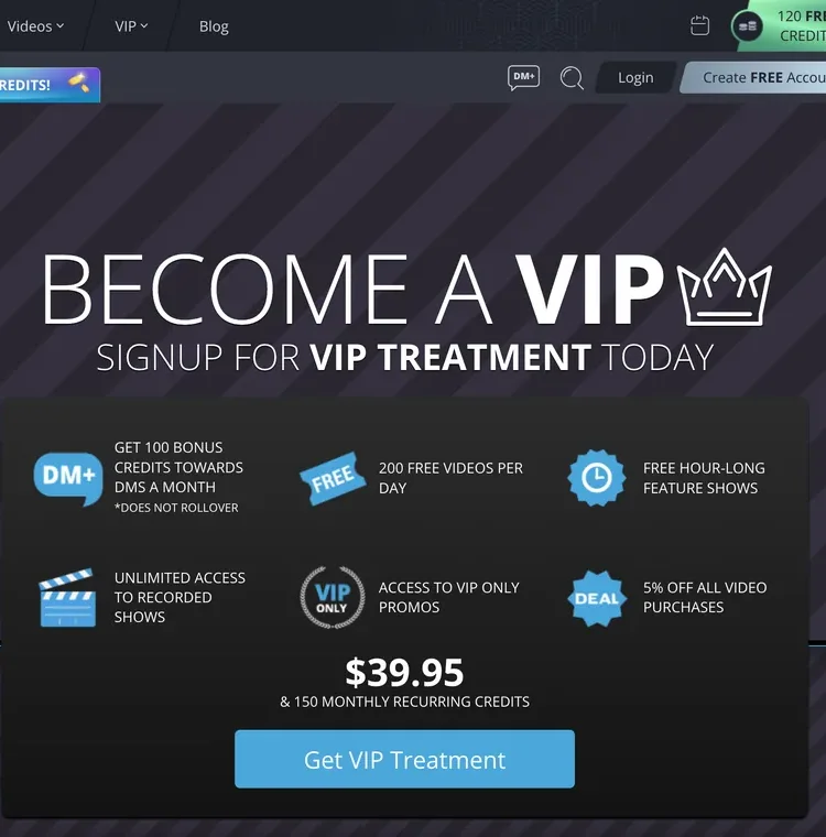 Flirt4Free VIP membership panel listing benefits and a monthly price with recurring credits included