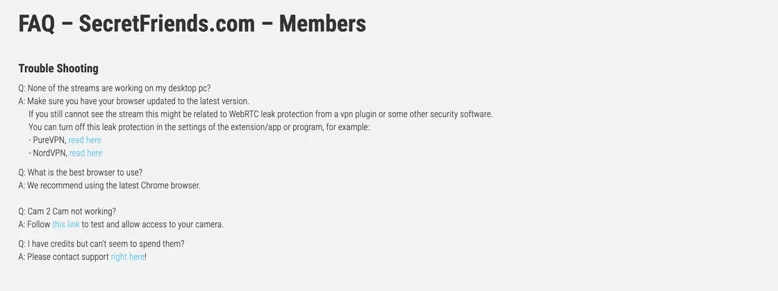 SecretFriends public FAQ page answering member questions about chat modes and credits