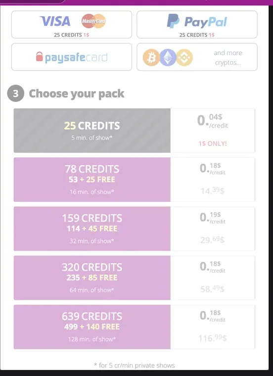 Xcams credit pack table showing credit totals, price per credit, equivalent show minutes and dollar prices alongside payment methods