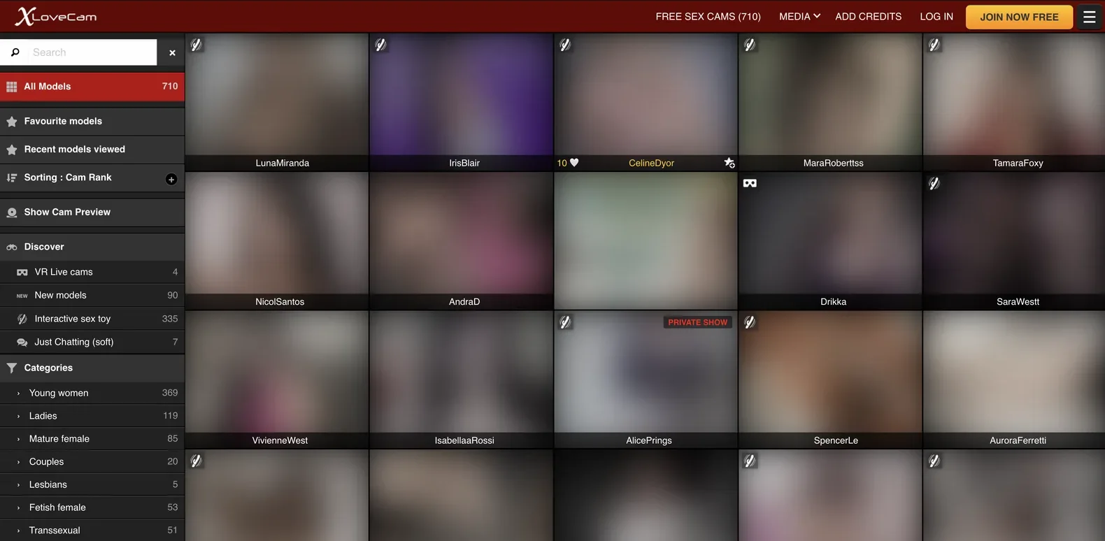 XloveCam sidebar listing categories with a model count published beside every filter option