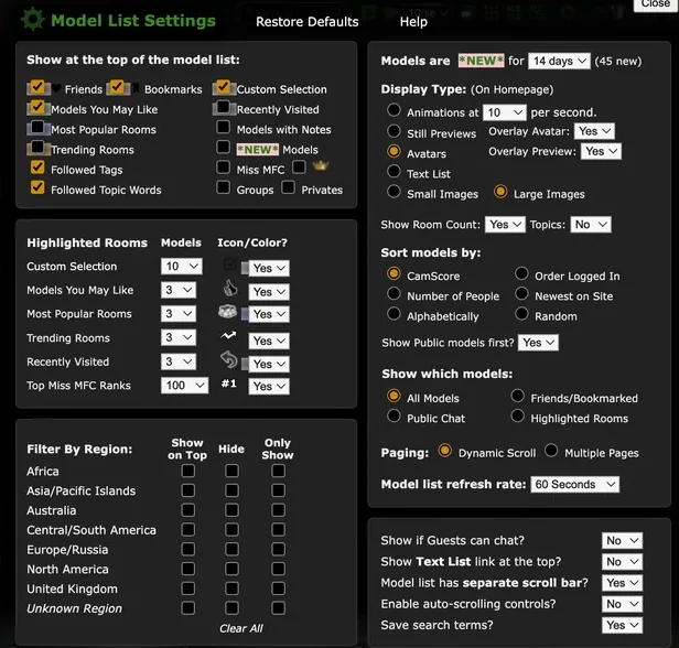 MyFreeCams Model List Settings dialog showing pinnable groups, display type options, sort orders and a three way region filter