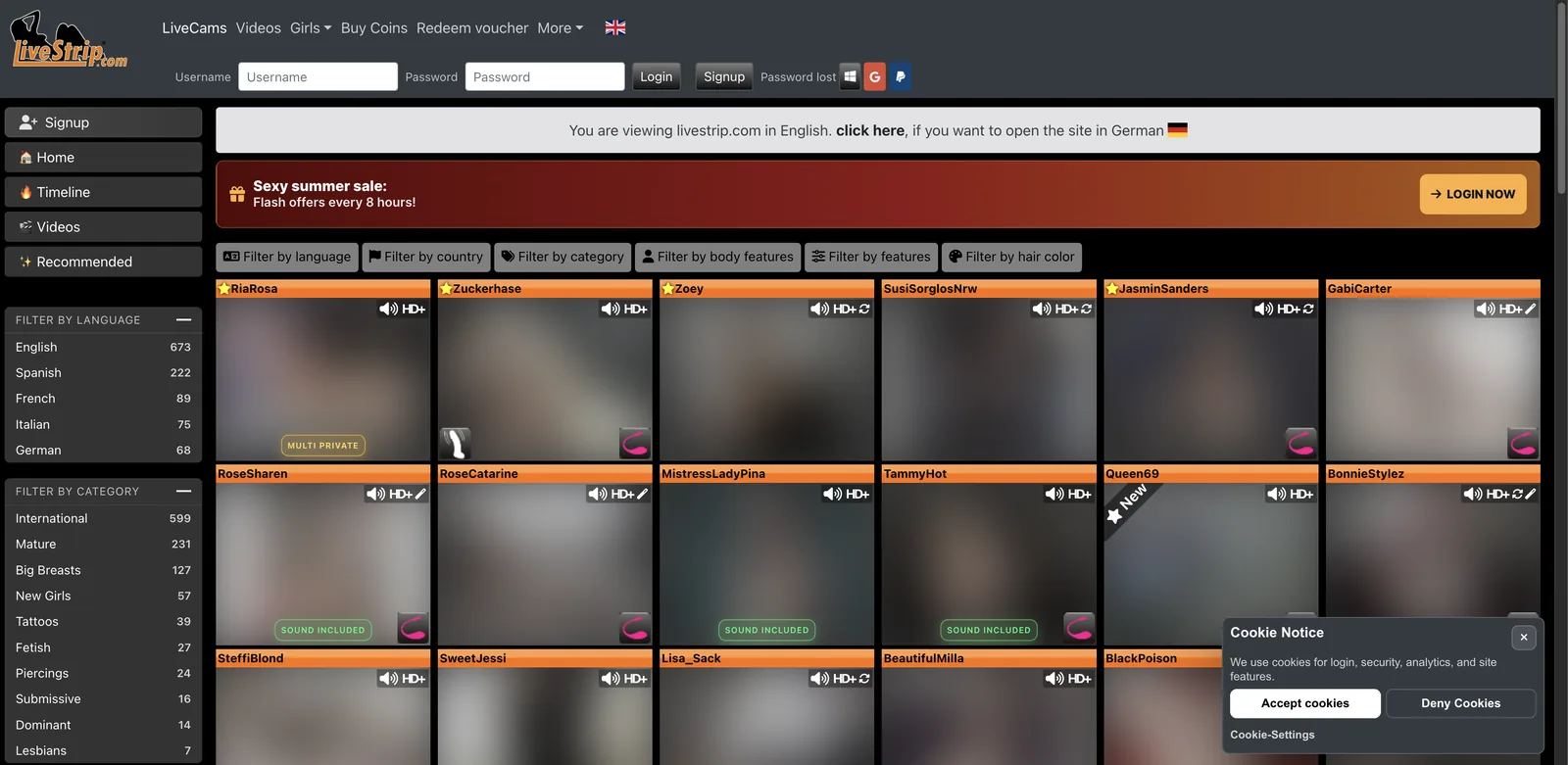 LiveStrip grid with six filter dimensions across the top and a sidebar publishing a count against every language, category and feature option, above tiles badged for HD, sound, toy control and multi private