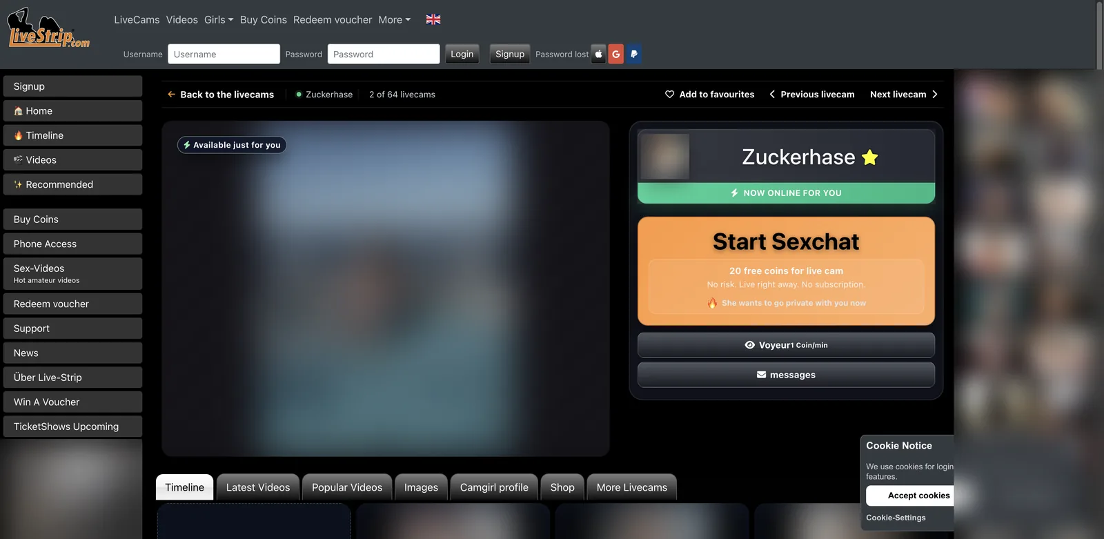 LiveStrip room page with the related cams rail and profile avatar obscured, showing a livecam position counter, a start sexchat button, a twenty free coins offer and a voyeur entry priced at one coin per minute, above tabs for timeline, videos, images, profile and shop