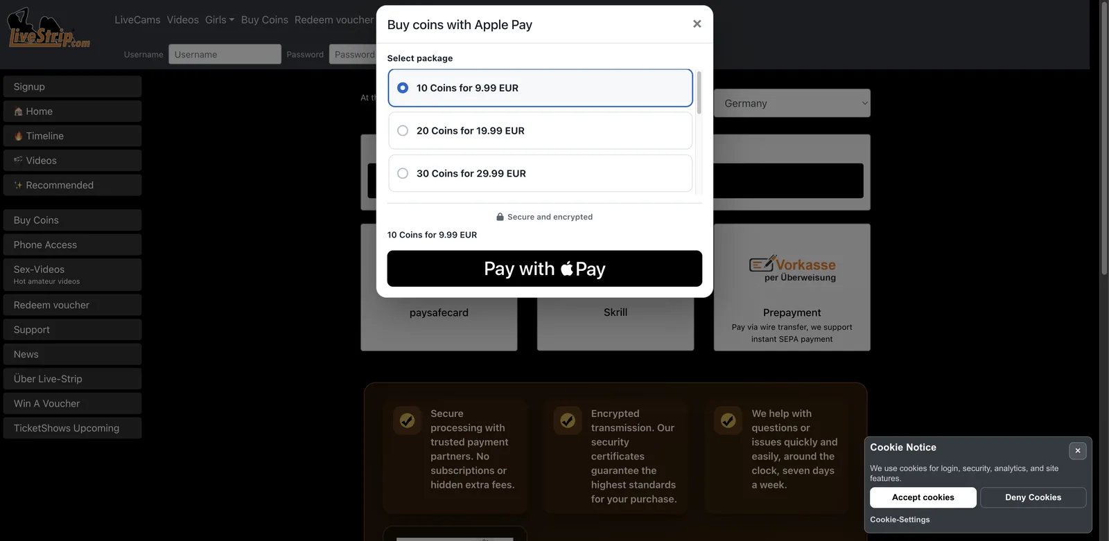LiveStrip purchase page with a package selector listing coin bundles priced in euros, above payment method tiles for paysafecard, Skrill and prepayment by wire, and reassurance panels about processing, encryption and support