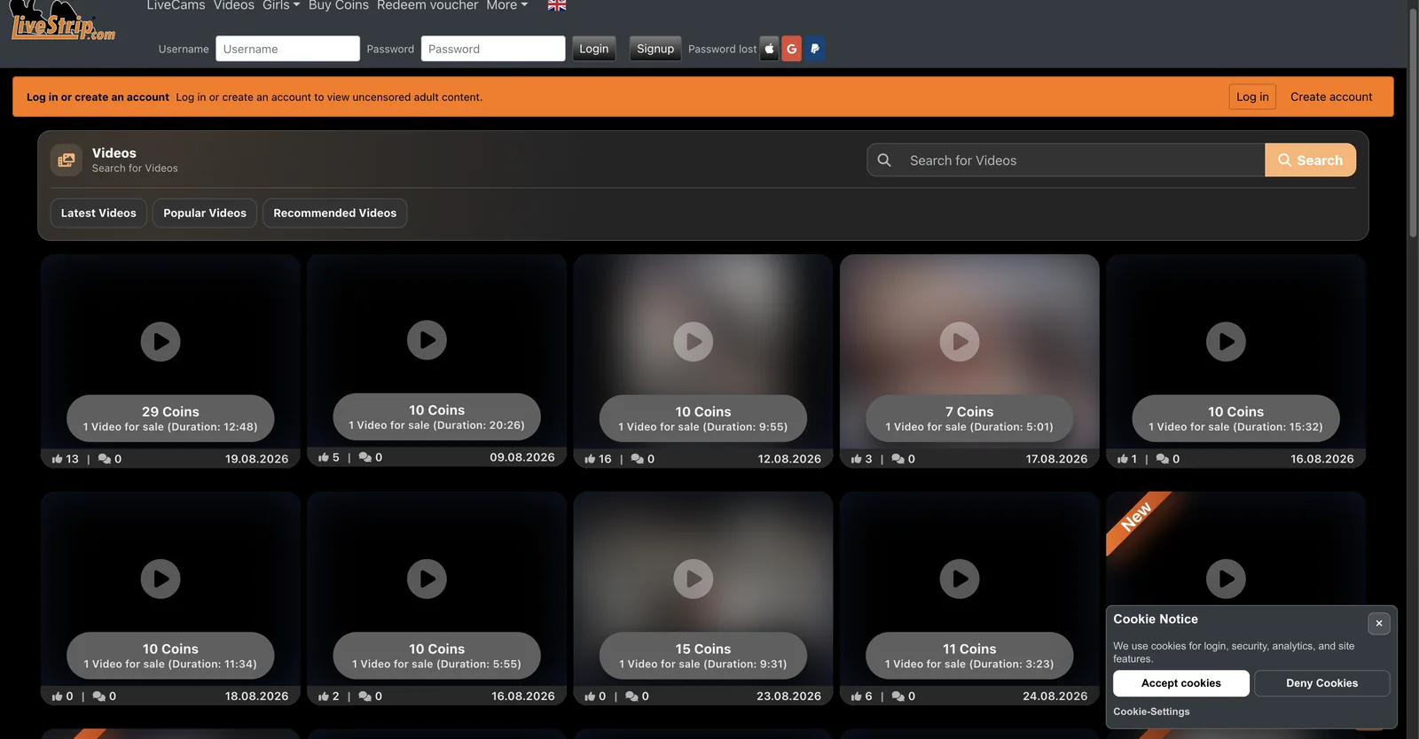 LiveStrip video library where each clip tile carries its own coin price and exact duration alongside like and comment counts and a publication date, under a banner stating that an account is required to view uncensored content