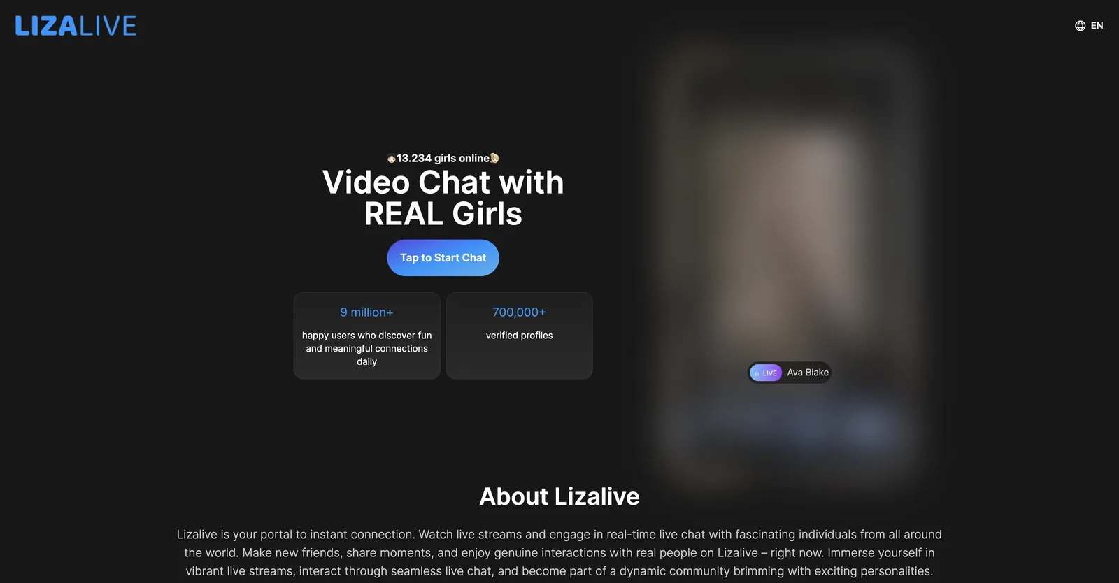 The LizaLive landing page headlining video chat with real girls above counters claiming thousands online, nine million users and 700,000 verified profiles