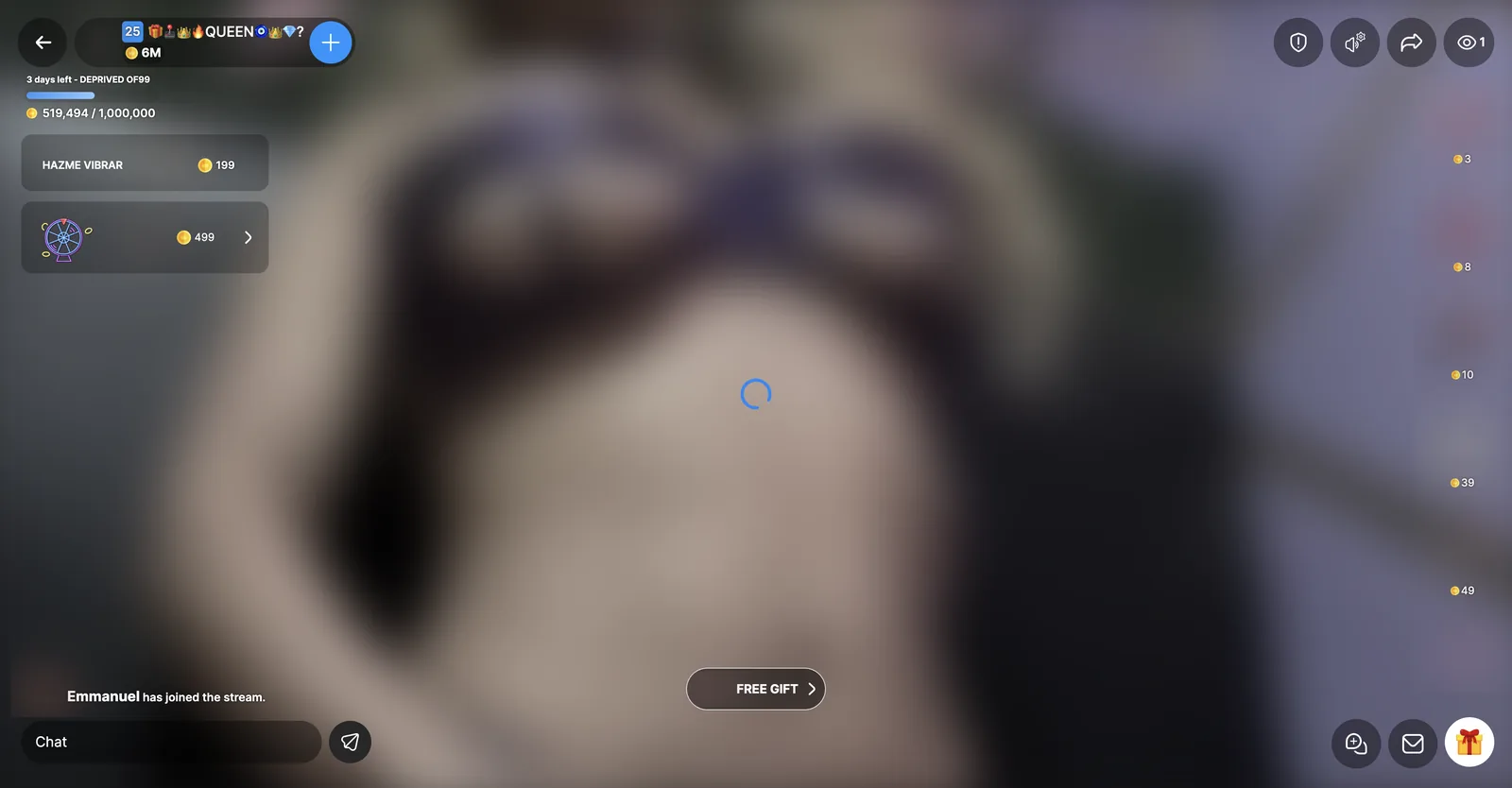 A LizaLive stream showing a viewer count of one, above a coin goal bar with a three day countdown
