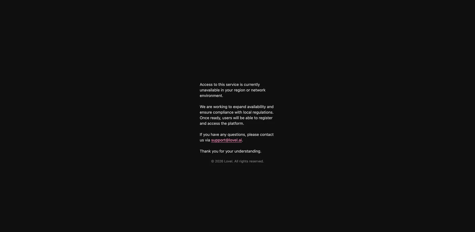 Lovel.ai service unavailable notice stating access is unavailable in your region or network environment