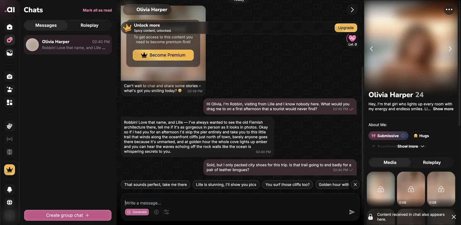 Lovel.ai chat interface showing relationship level, character traits and locked media panel