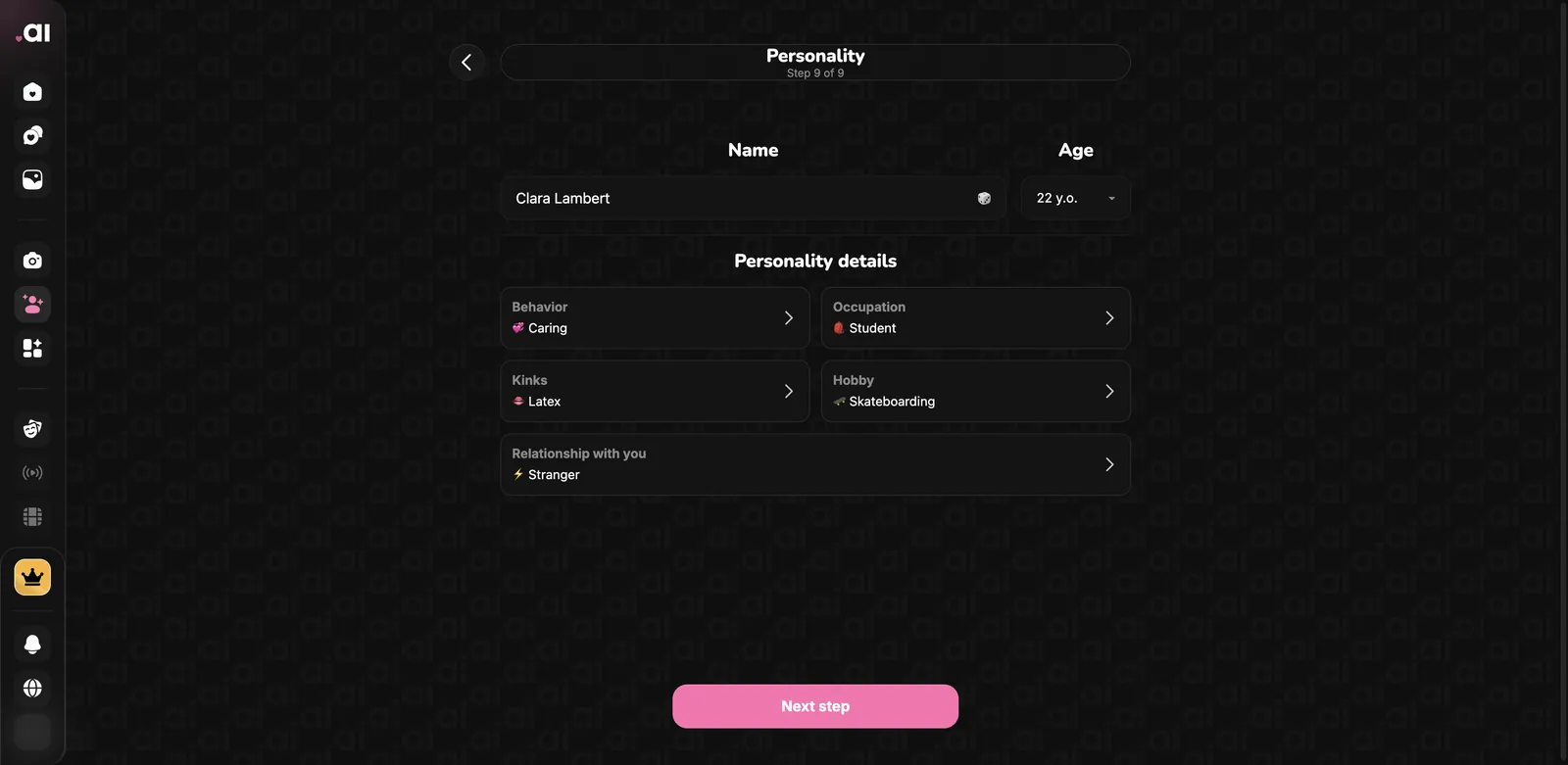 Lovel.ai character builder personality step with behaviour, occupation, kinks, hobby and relationship fields