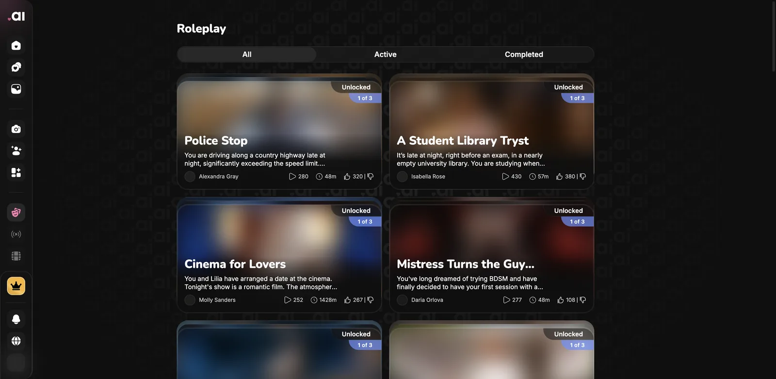 Lovel.ai roleplay library with scenario cards showing play counts, durations and series numbering
