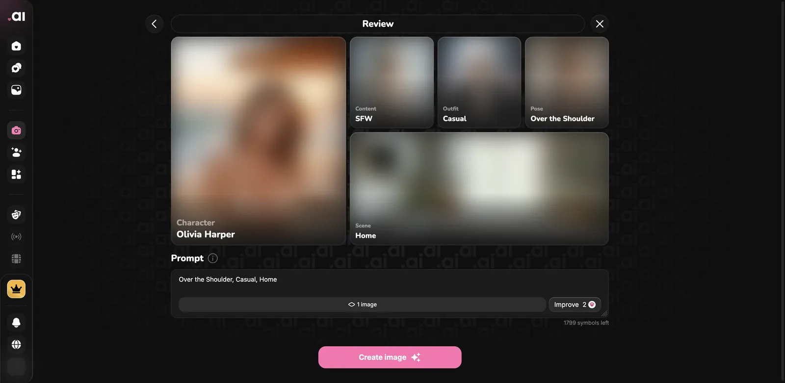 Lovel.ai image studio review screen with an editable prompt and an Improve button costing 2 lovs