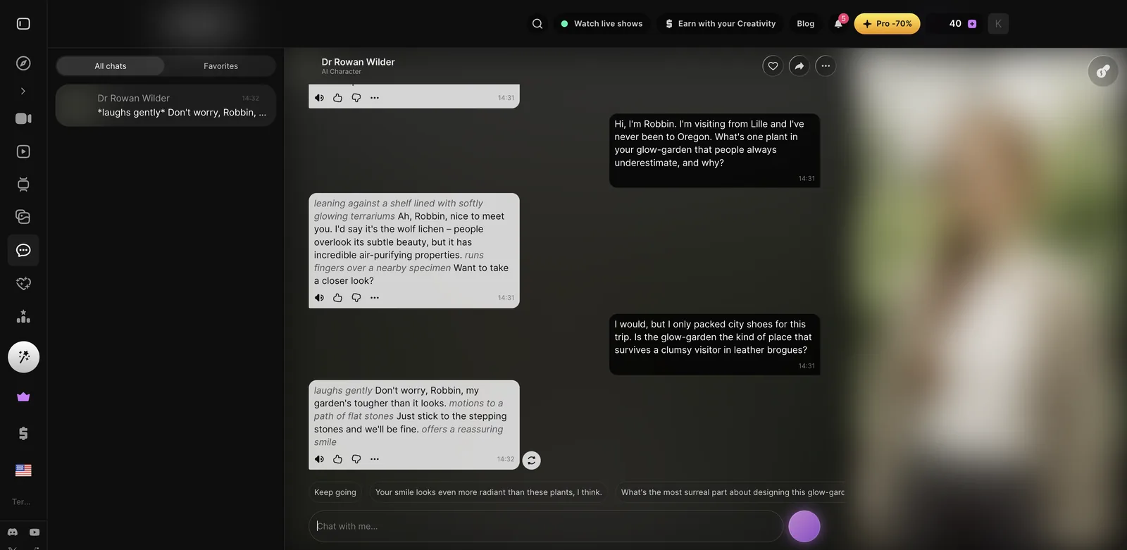 Lovescape chat conversation showing in-character replies with action text and suggestion chips