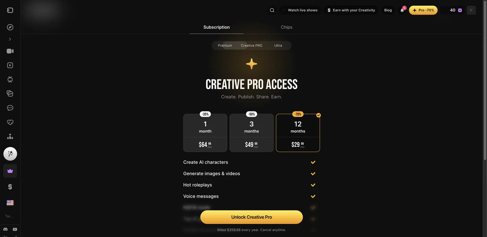 Lovescape Creative PRO subscription pricing at $64.99, $49.99 and $29.99 per month with feature list