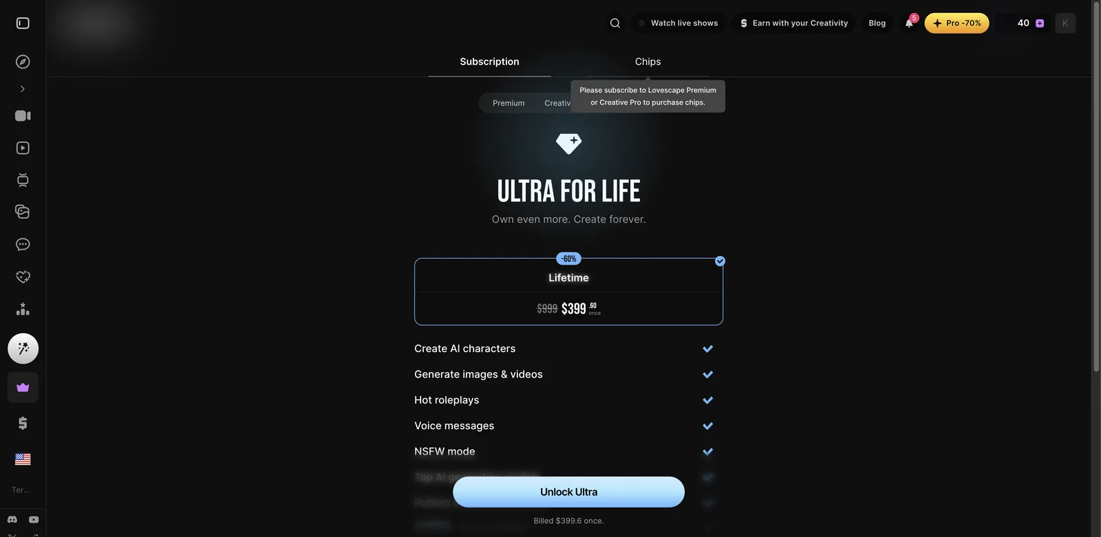 Lovescape Ultra lifetime plan priced at $399.60 once, down from $999