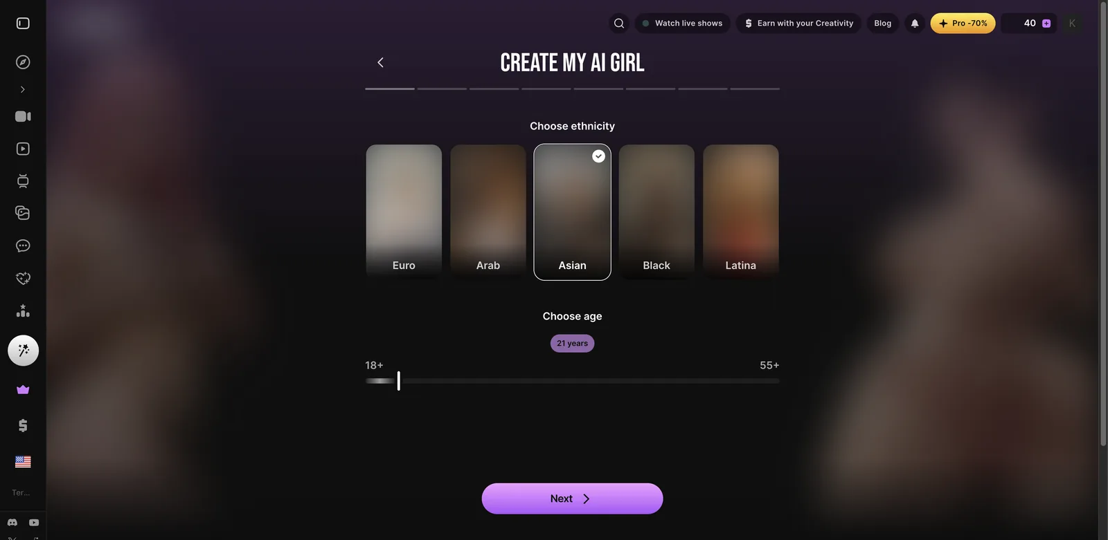 Lovescape character creator choosing female or male and realistic or anime with a Design with AI shortcut