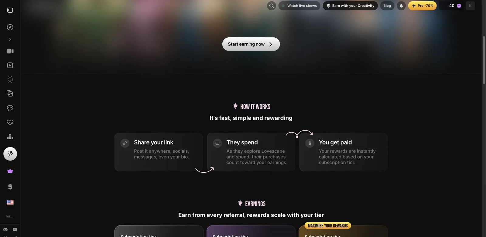 Lovescape creators referral program page headed Get paid to share imagination