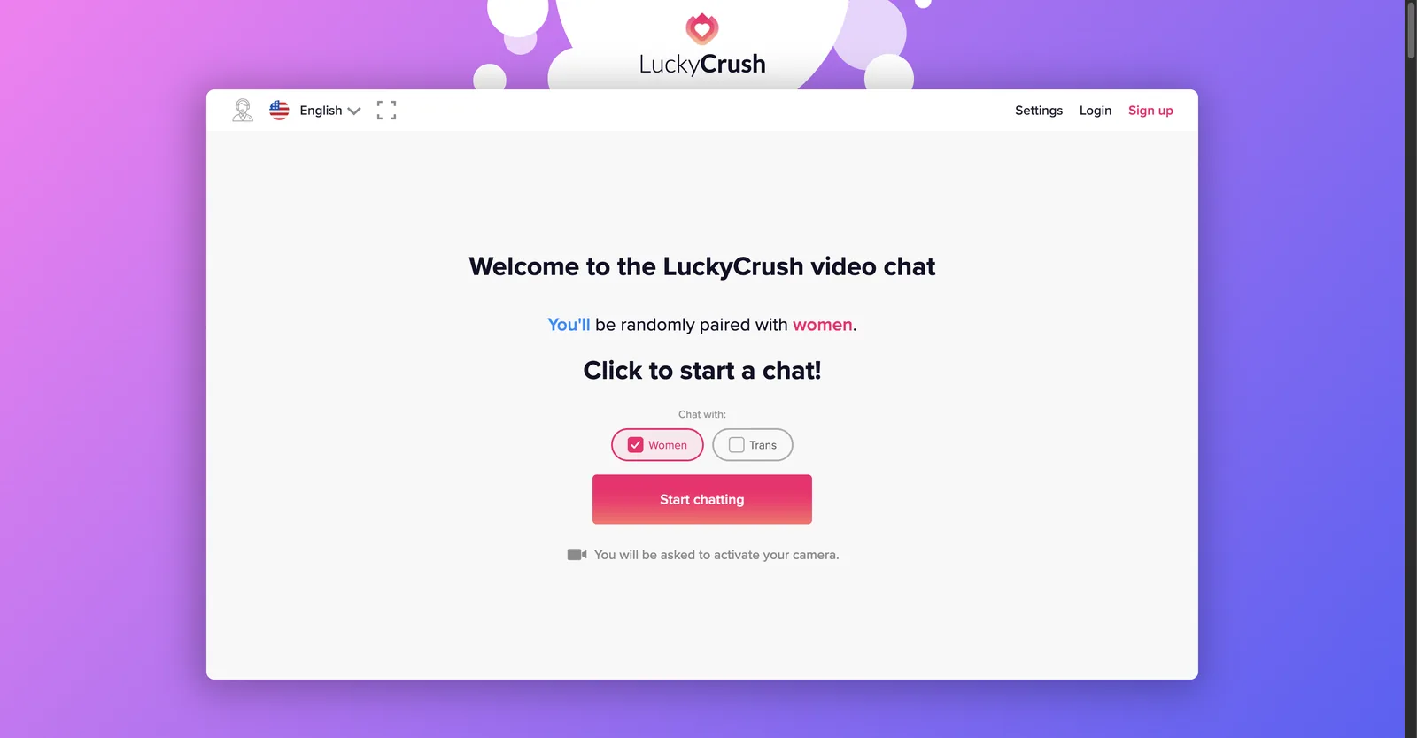 LuckyCrush home page showing a gender selector offering Women and Trans, a Start chatting button, and a note that the camera will need to be activated