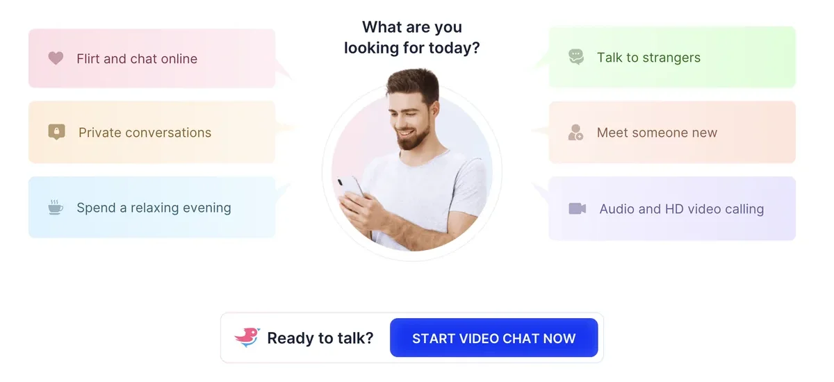 CooMeet marketing page listing what the service offers, with a Start video chat now call to action
