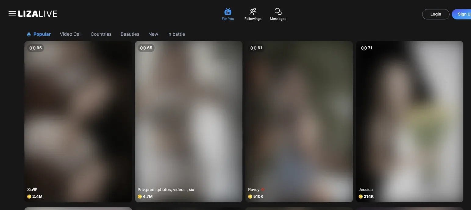 LizaLive Discover grid showing streams with viewer counts in the double and low triple digits beside Popular, Video Call and Countries tabs