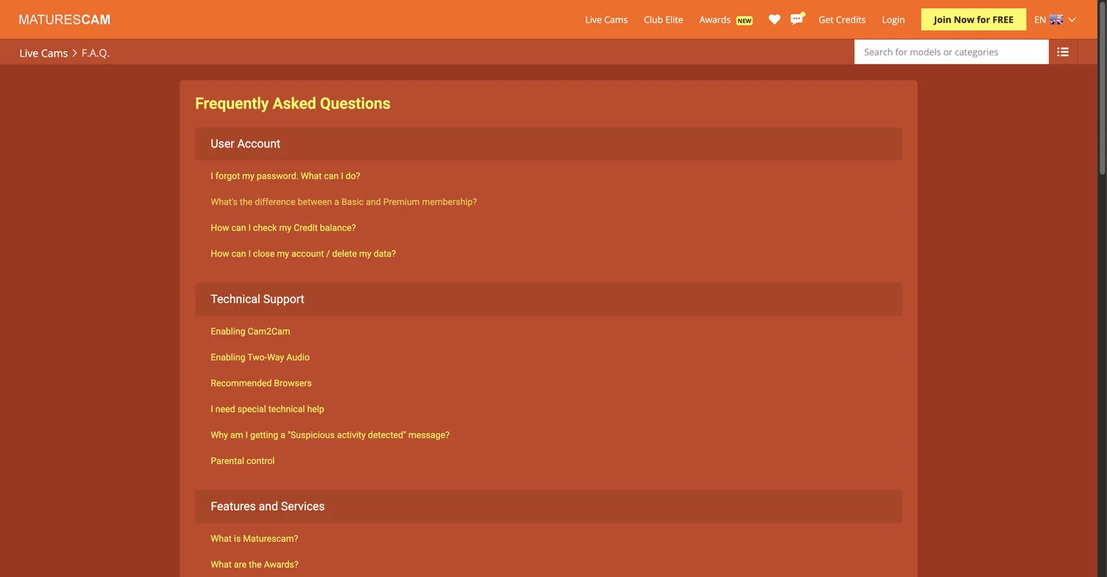 MaturesCam FAQ page organised into user account, technical support, features and services, transactions and other topics, with dozens of questions listed