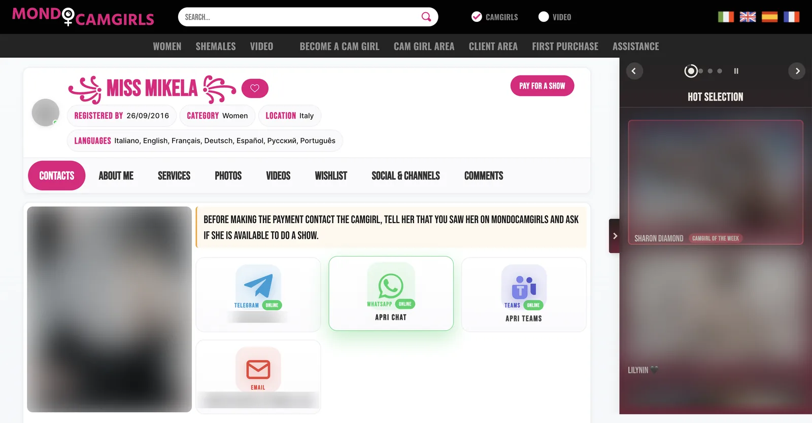 MondoCamgirls performer page showing a registration date, category, location and a seven-language list, with tabs for contacts, about, services, photos, videos, wishlist, social and comments, above messenger contact tiles each carrying an online indicator, with the email address and handle obscured