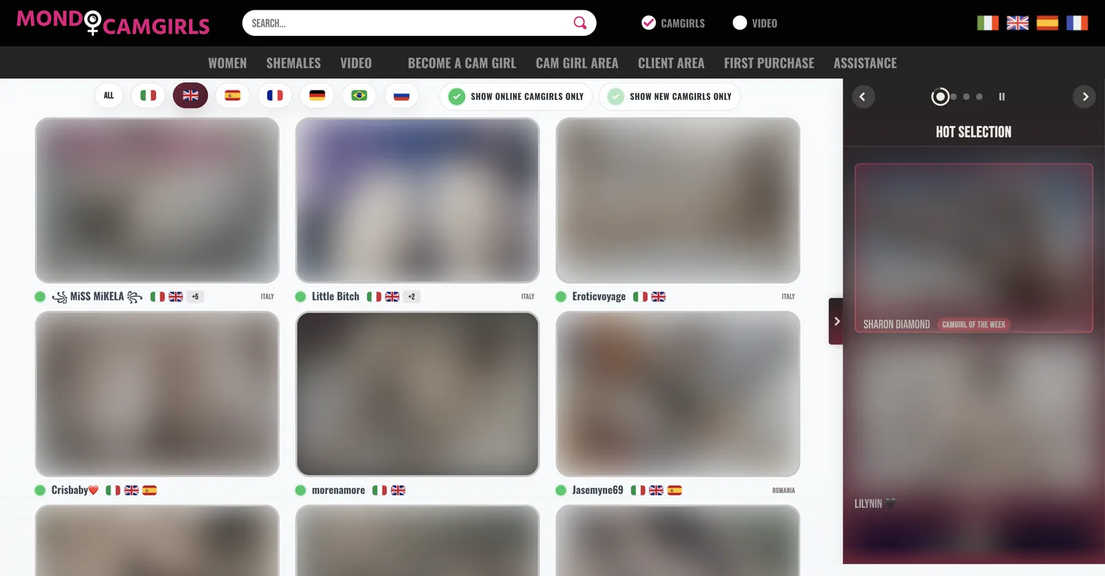 MondoCamgirls grid with seven language filter flags and show-online and show-new toggles above tiles carrying an online dot, a name, a row of language flags and a country label, beside a hot selection rail naming a camgirl of the week