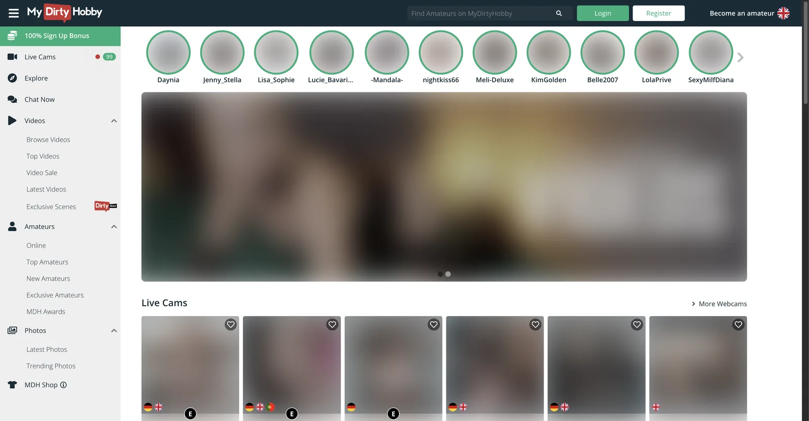 MyDirtyHobby home page with a left sidebar listing Live Cams, Videos, Amateurs, Photos and MDH Shop, above a Live Cams row
