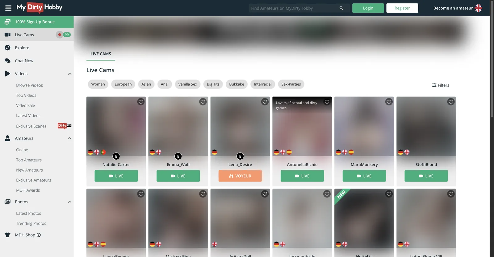 MyDirtyHobby live cams page showing nine category chips above a grid of amateur tiles marked LIVE or VOYEUR with language flags