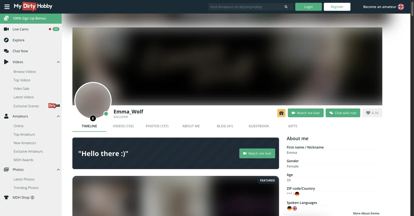 MyDirtyHobby amateur profile with tabs for Timeline, Videos, Photos, About Me, Blog, Guestbook and Gifts beside an About Me panel