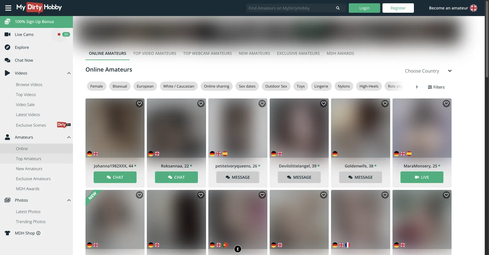 MyDirtyHobby online amateurs page listing names with ages beside them and CHAT, MESSAGE or LIVE buttons on each card