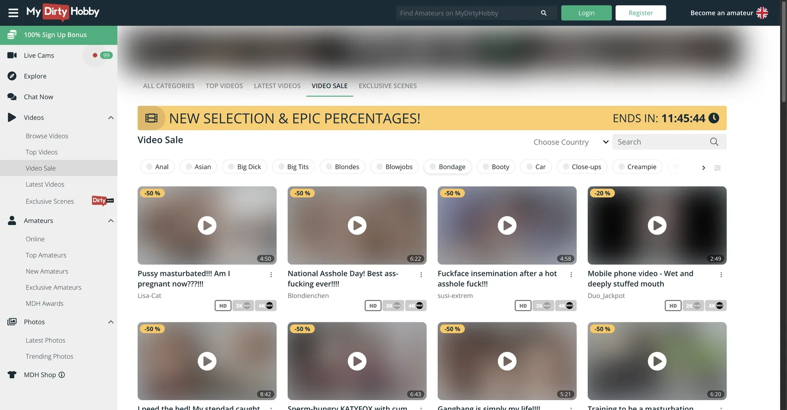 MyDirtyHobby video sale page with a countdown clock in the banner and individual scenes marked minus 20 and minus 50 percent, each carrying HD, 2K PLUS and 4K MAX badges