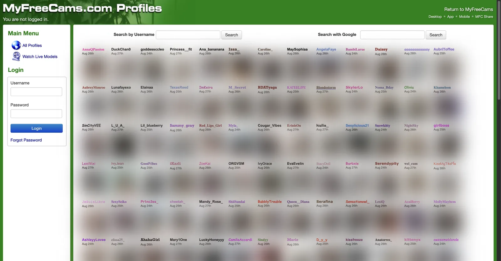 The MyFreeCams profiles directory on its own subdomain, listing profiles with usernames and last-updated dates beside a username search box