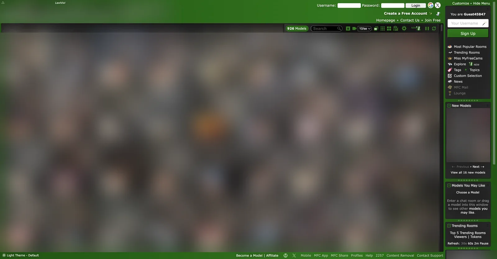 MyFreeCams home page showing a model count of 926, display controls in the top bar and a right sidebar with tags, topics, custom selection and mail links