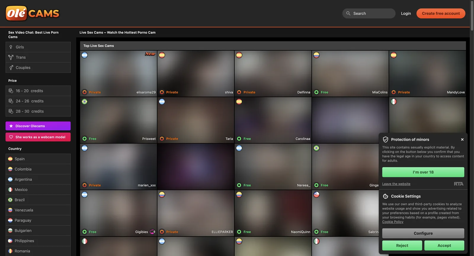 OleCams home page with a sidebar listing three price bands in credits above country and category filters, beside a grid of masked tiles each carrying a country flag and a free or private status label