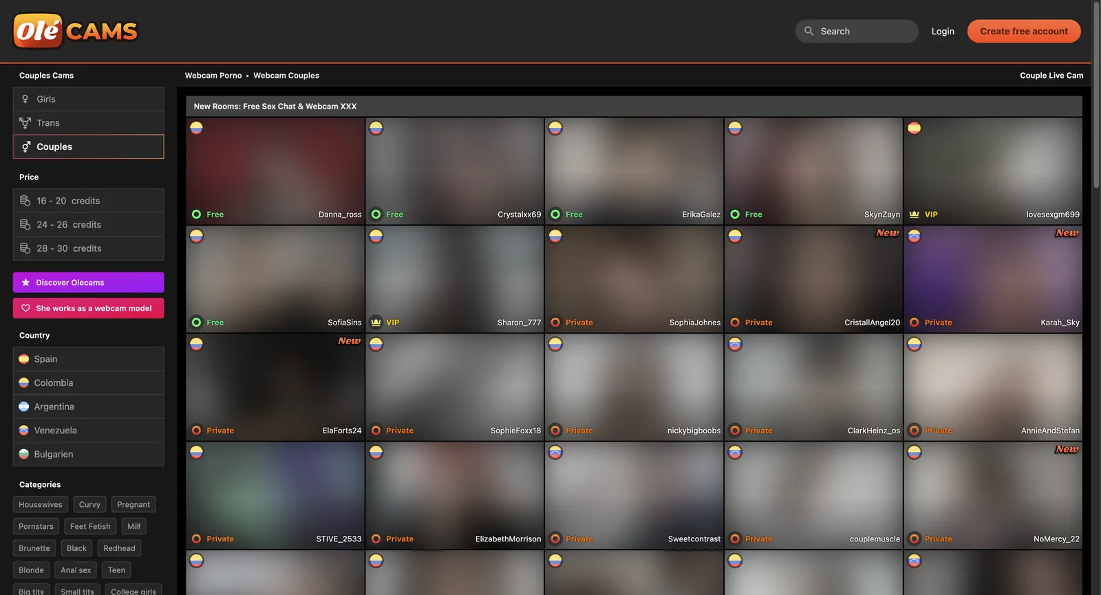 OleCams couples section showing a grid of masked tiles labelled free, private or VIP, each with a country flag, beside a sidebar carrying the same price bands and a tailored category list