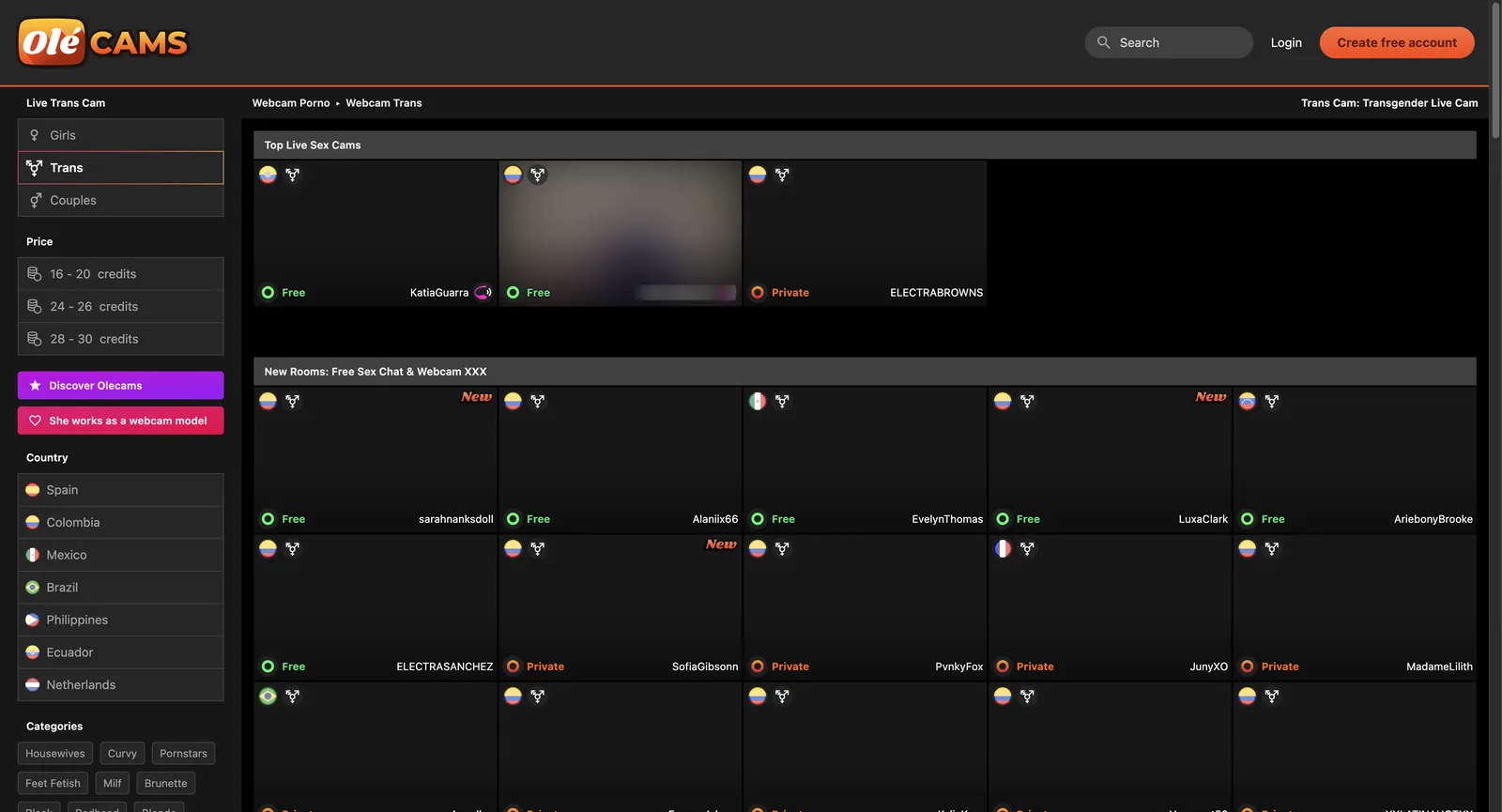 OleCams trans section showing its own country list and category taxonomy in the sidebar, beside a grid of tiles carrying country flags, gender icons and free or private labels