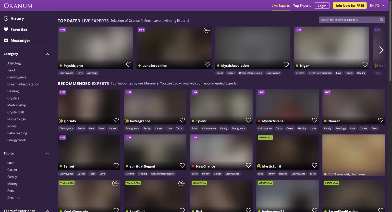 Oranum home page with a sidebar listing categories, topics, years of experience bands and five price bands, beside a grid of expert tiles each carrying live or video call badges and expertise tags