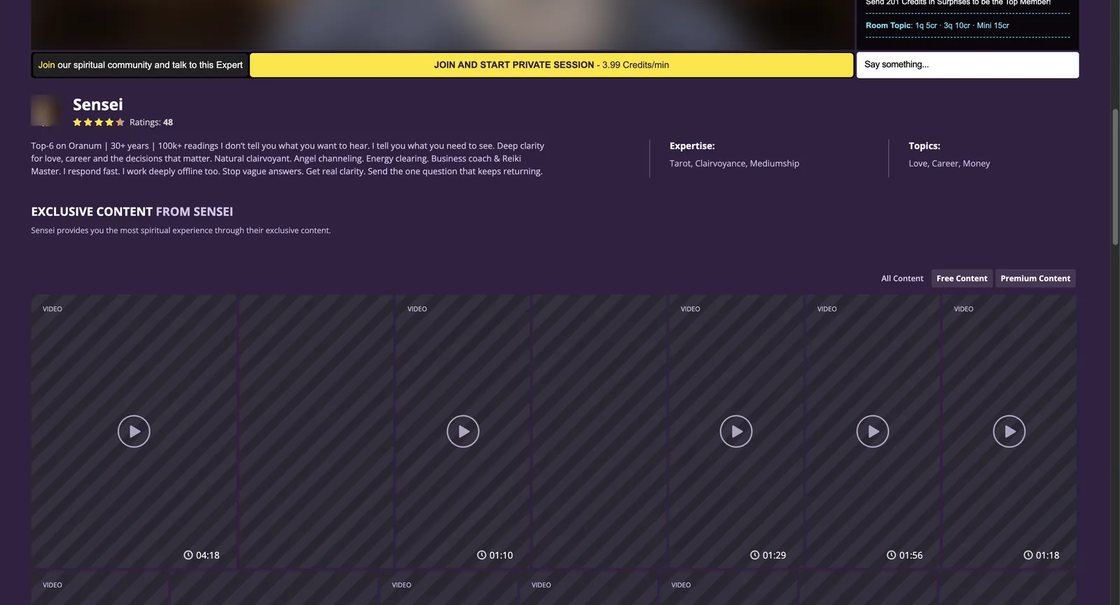 Oranum expert page showing a join and start private session button priced at 3.99 credits per minute, a ratings count, expertise and topics lists, and a room topic line pricing questions individually