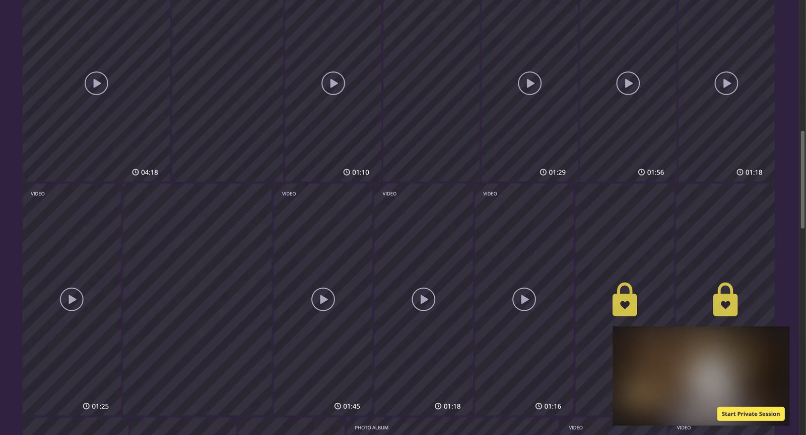 Oranum expert content library showing rows of video tiles with stated durations, split into free and premium, with locked album items priced in credits