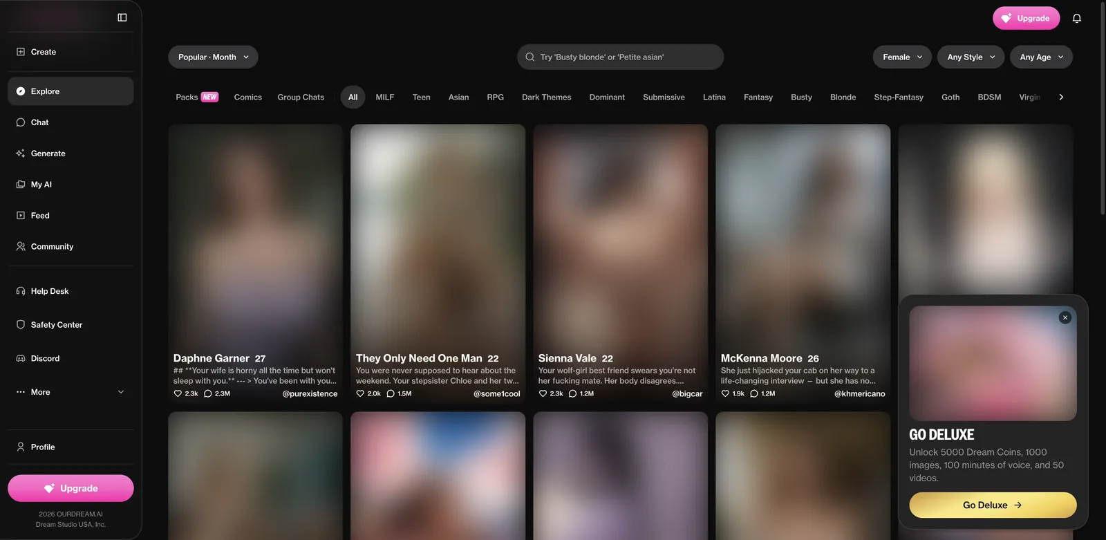 OurDream.ai explore page with category filters, sort controls and user-made character cards