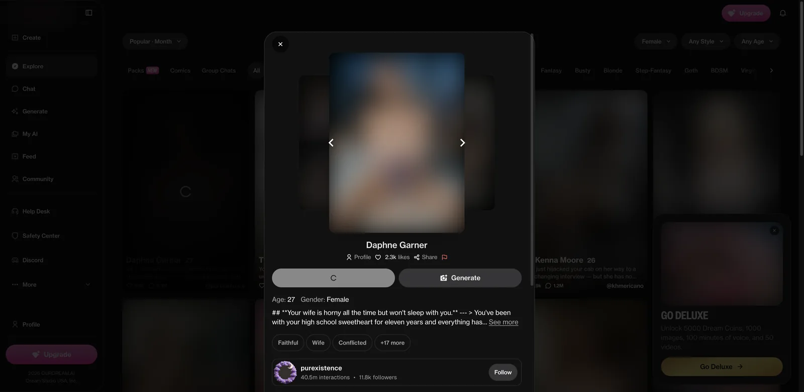 OurDream.ai character card showing trait chips, creator handle, follower count and Chat and Generate buttons