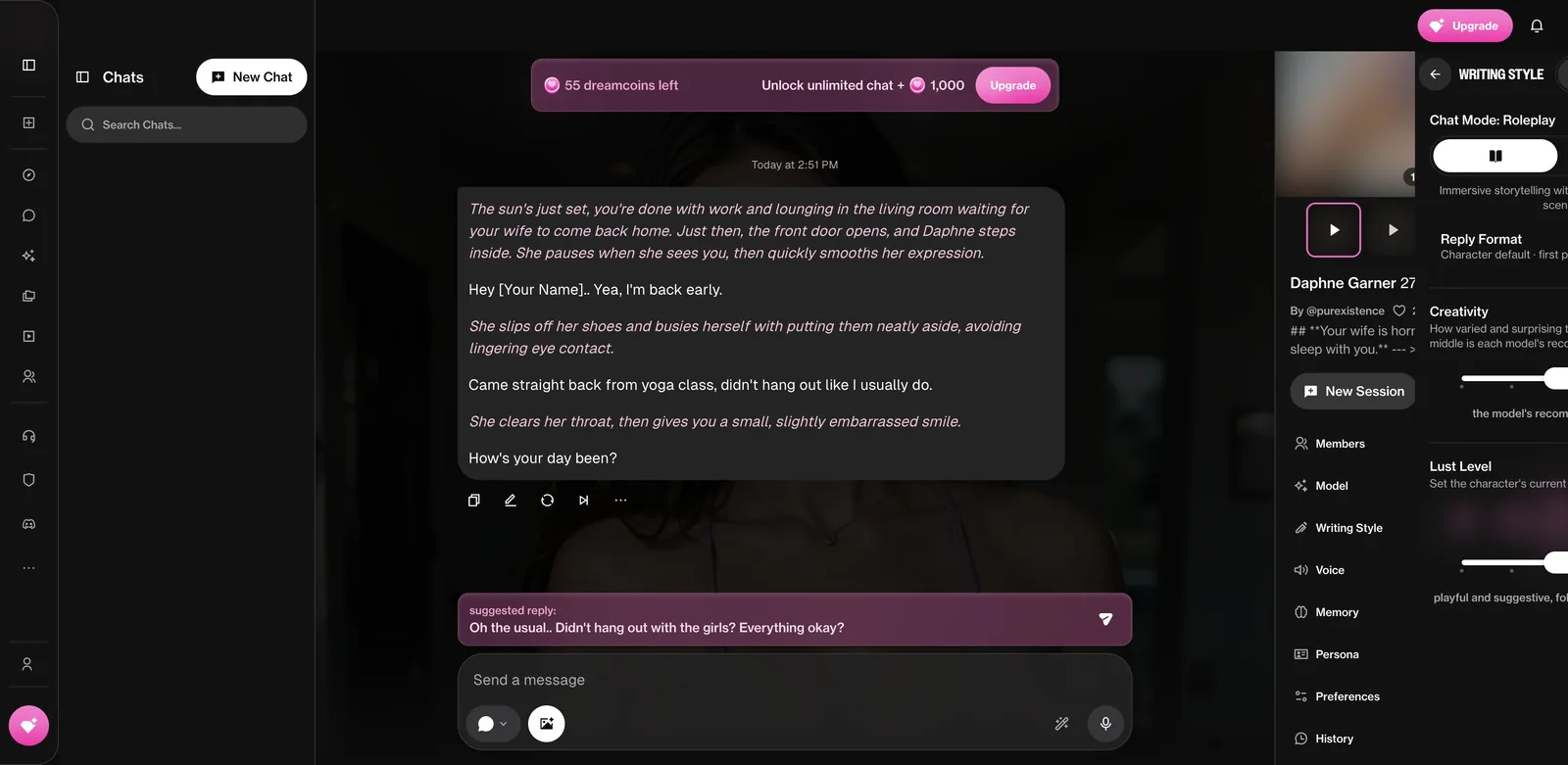 OurDream.ai writing style panel with chat mode, reply format, creativity slider and lust level slider